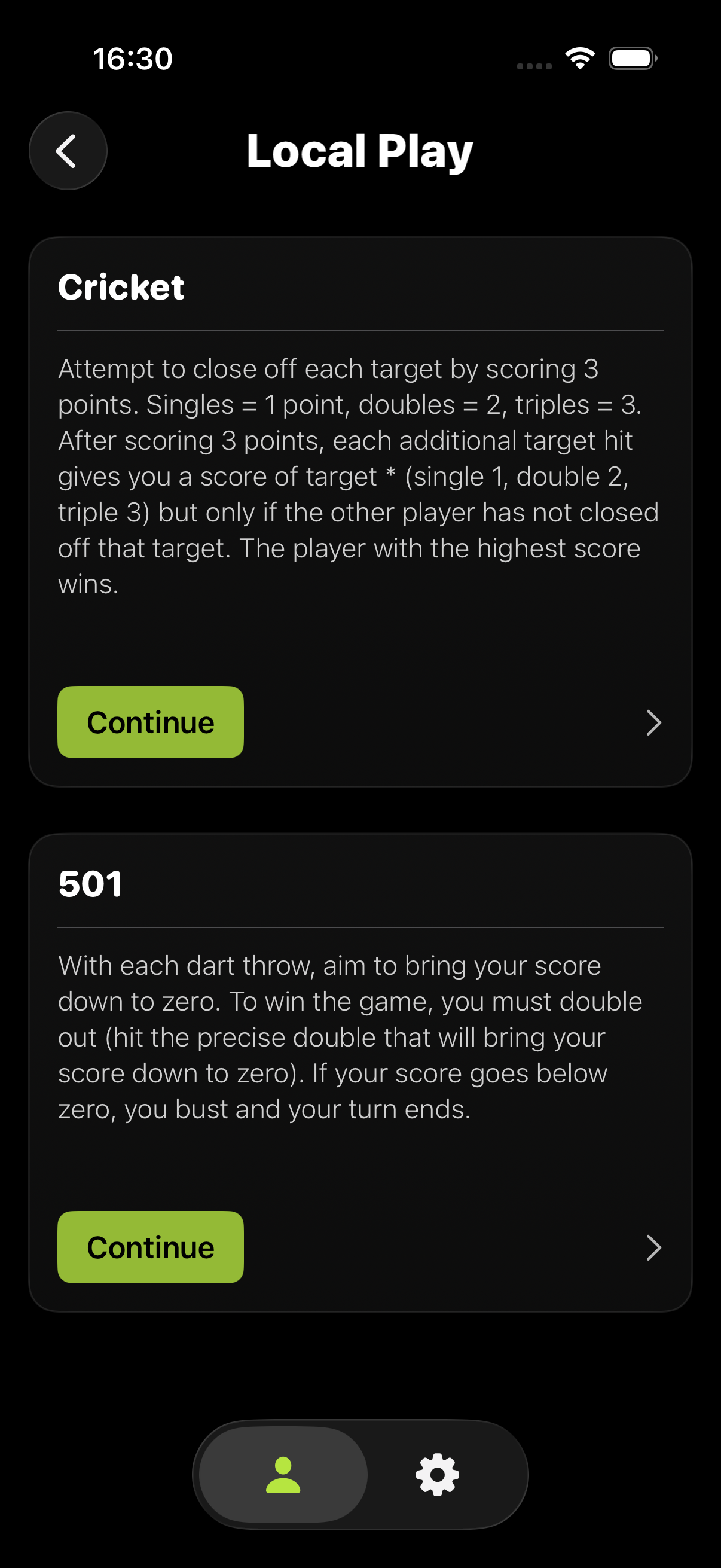 DartBot local play screen showing Cricket and 501 options.