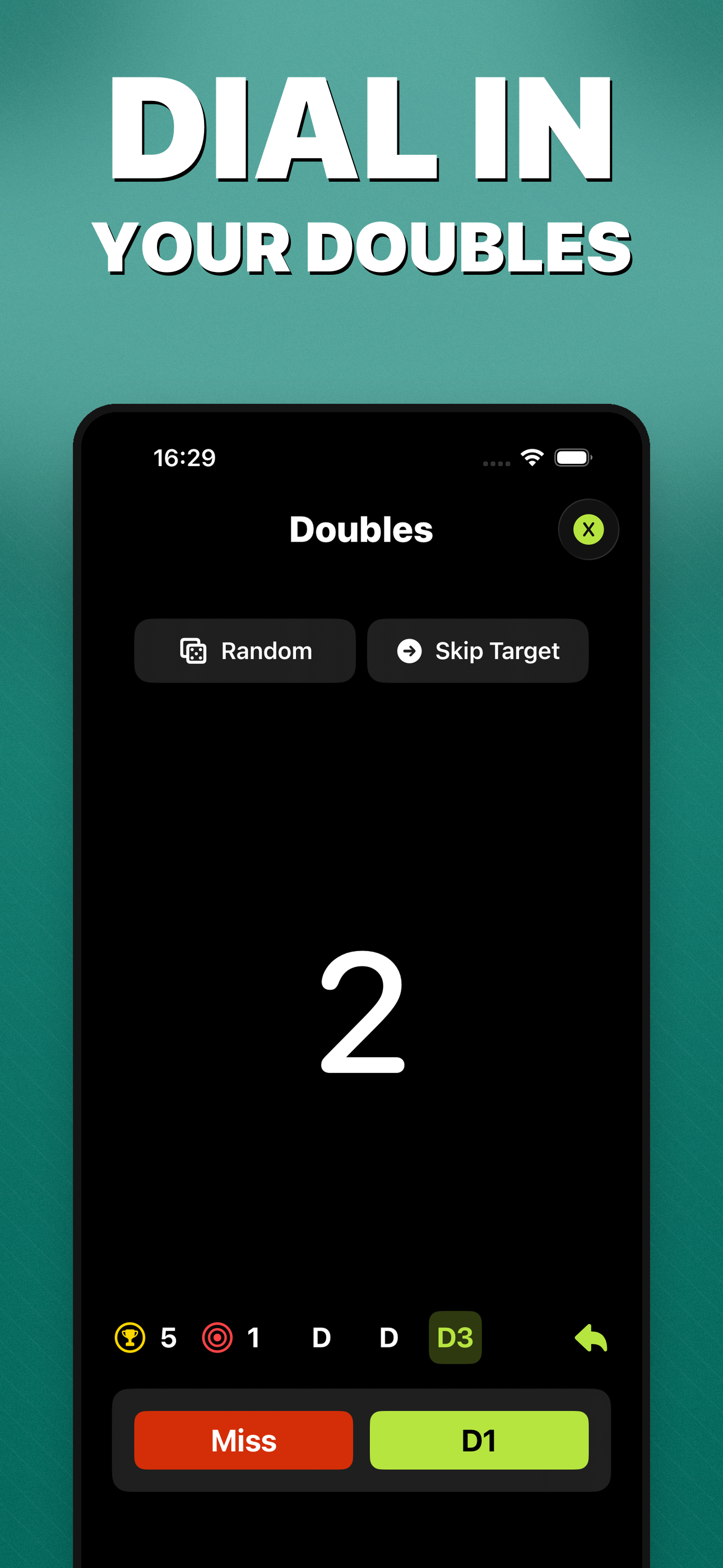 DartBot App Store image showing a doubles training screen.