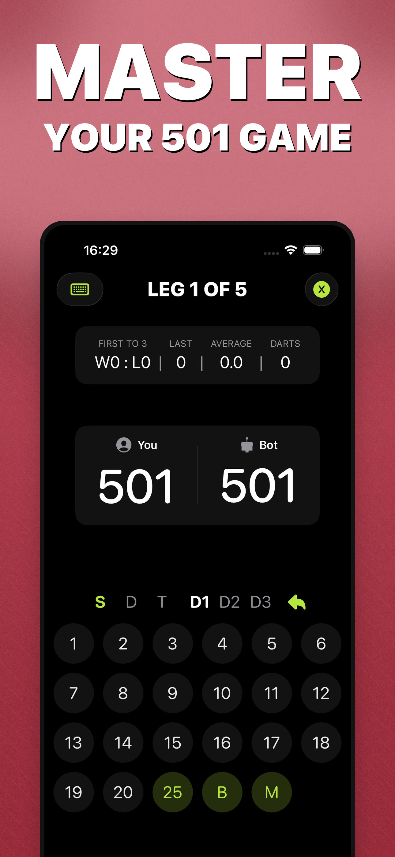 DartBot App Store image showing a 501 versus bot game screen.
